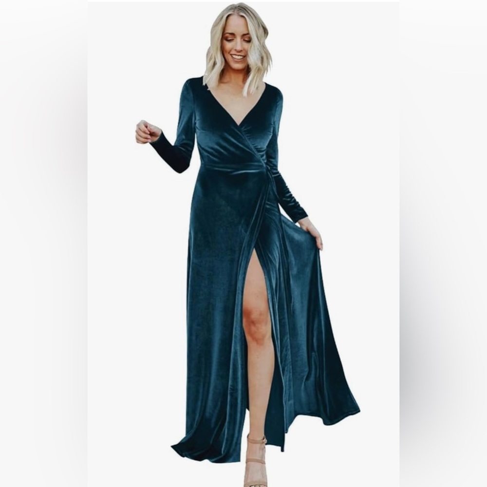 Women's Long Sleeve Velvet V-Neck Wrap Dress with Slit.